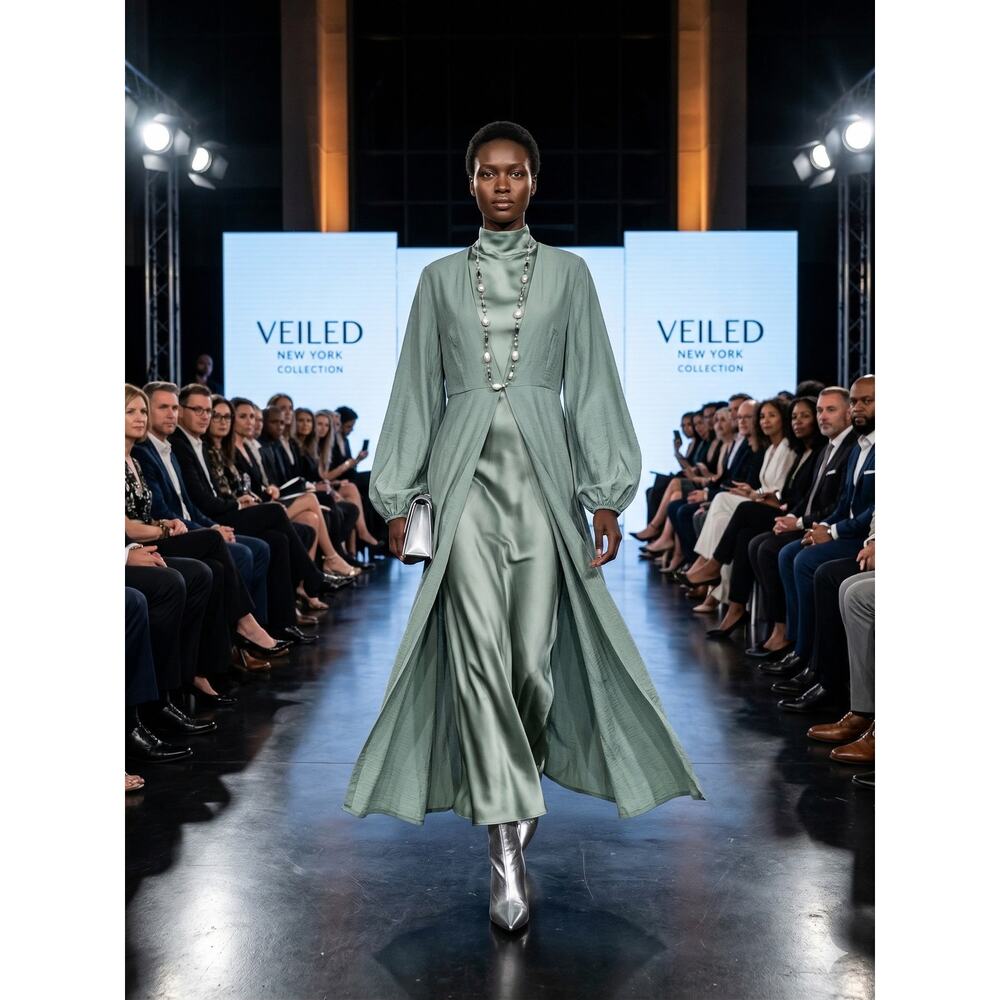 Veiled New York Sage Green Open Abaya Dress Size S Reg Balloon Sleeve Modest